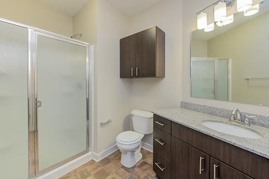 A windowless bathroom like this one at City Flats Apartments is one option for sheltering from a tornado in your apartment. A bathroom with a shower