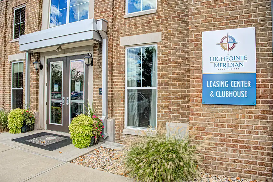 If you aren't sure about language in your lease, contact your leasing office, like this one at Highpointe on Meridian Apartments. Exterior shot of the Highpointe Apartments leasing office